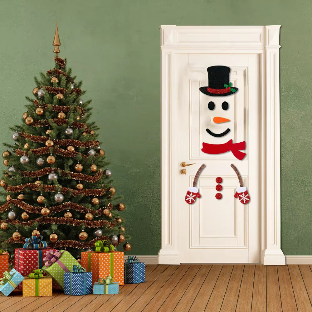 Christmas Door Window Stickers Felt Cloth Cartoon Snowman Santa Claus Elk Wall Sticker for Winter Xmas Noel New Year Decor Decal