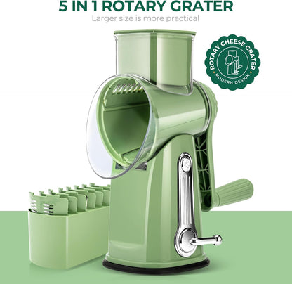 Rotary Cheese Grater with Handle - Vegetable Shredder with 5 Well-Designed Blades & Strong Suction Base,Round Mandoline Slicer & Food Chopper for Kitchen,With Blade Storage Box(Retro Green)