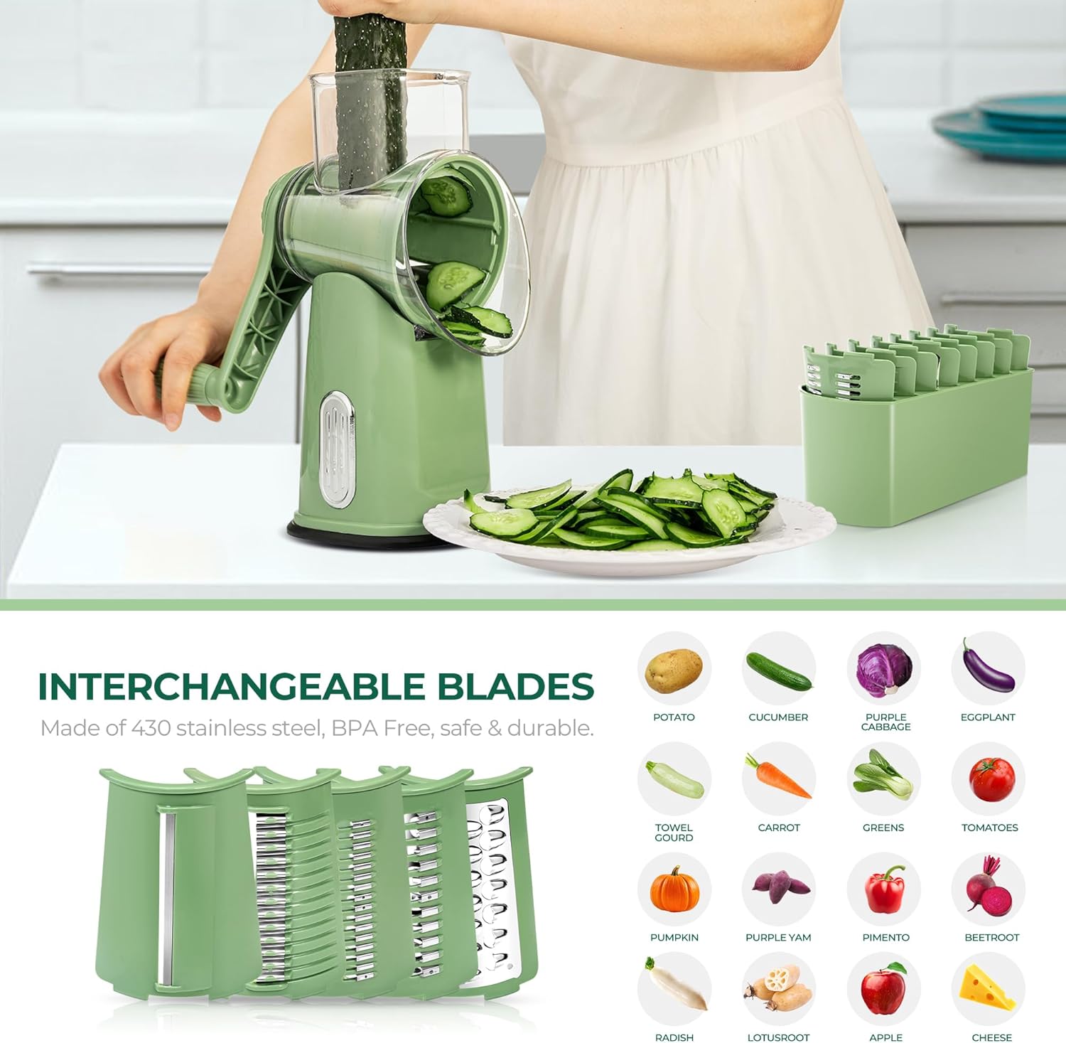 Rotary Cheese Grater with Handle - Vegetable Shredder with 5 Well-Designed Blades & Strong Suction Base,Round Mandoline Slicer & Food Chopper for Kitchen,With Blade Storage Box(Retro Green)