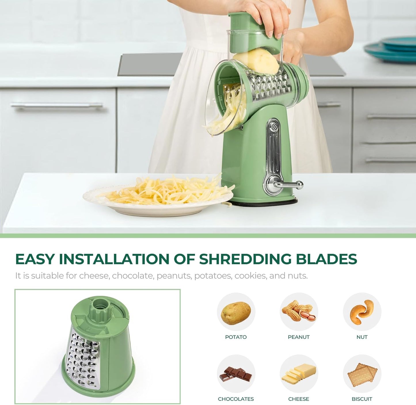 Rotary Cheese Grater with Handle - Vegetable Shredder with 5 Well-Designed Blades & Strong Suction Base,Round Mandoline Slicer & Food Chopper for Kitchen,With Blade Storage Box(Retro Green)