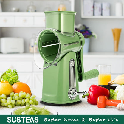 Rotary Cheese Grater with Handle - Vegetable Shredder with 5 Well-Designed Blades & Strong Suction Base,Round Mandoline Slicer & Food Chopper for Kitchen,With Blade Storage Box(Retro Green)