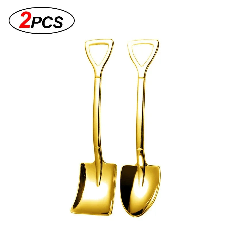 10/2Pcs Stainless Steel Shovel Spoon Gold Silver Coffee Spoons Ice Cream Dessert Scoops Teaspoon Kitchen Tableware Cutlery Set